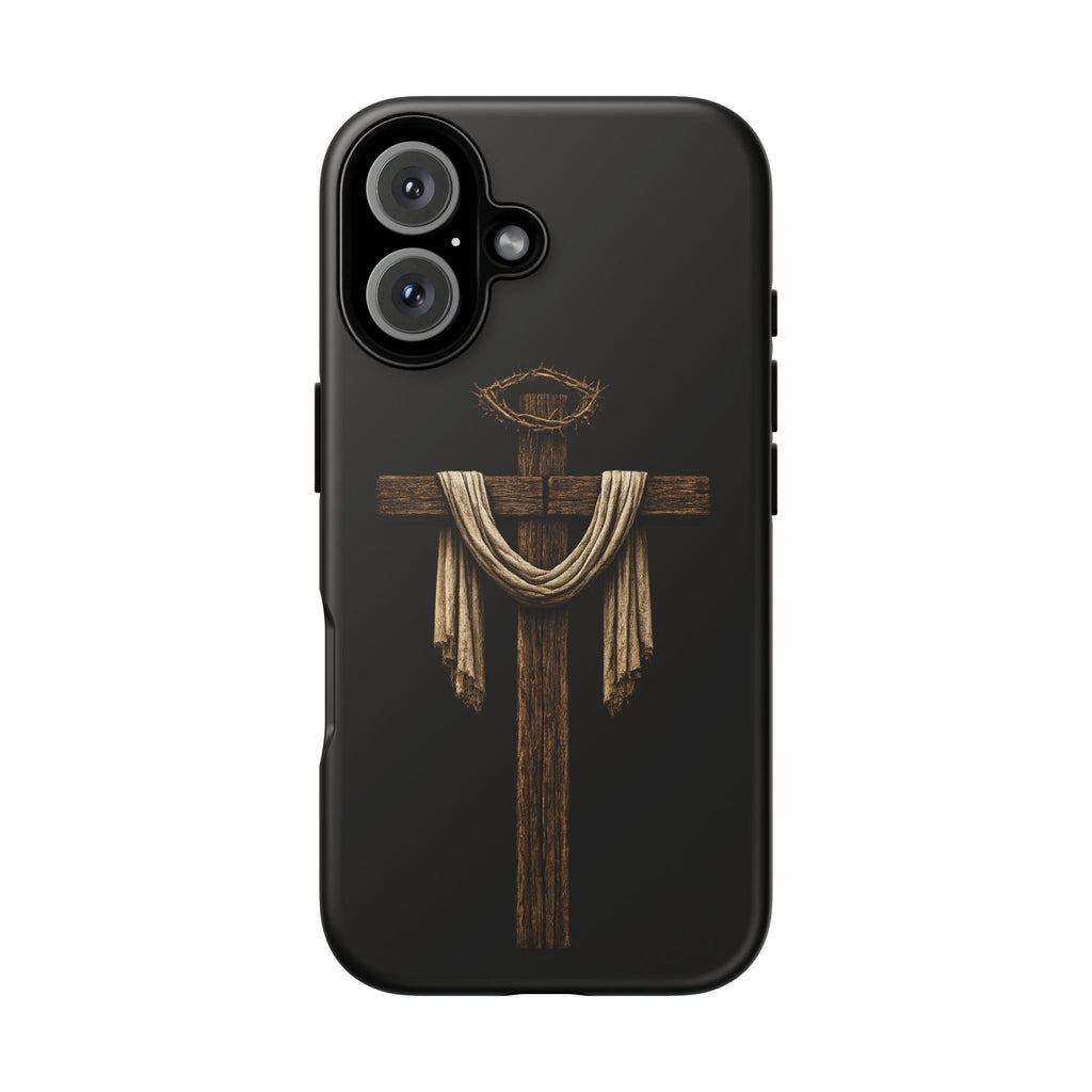 Christian Cross Phone Case — Rustic Wood Cross with Draped Cloth & Crown of Thorns