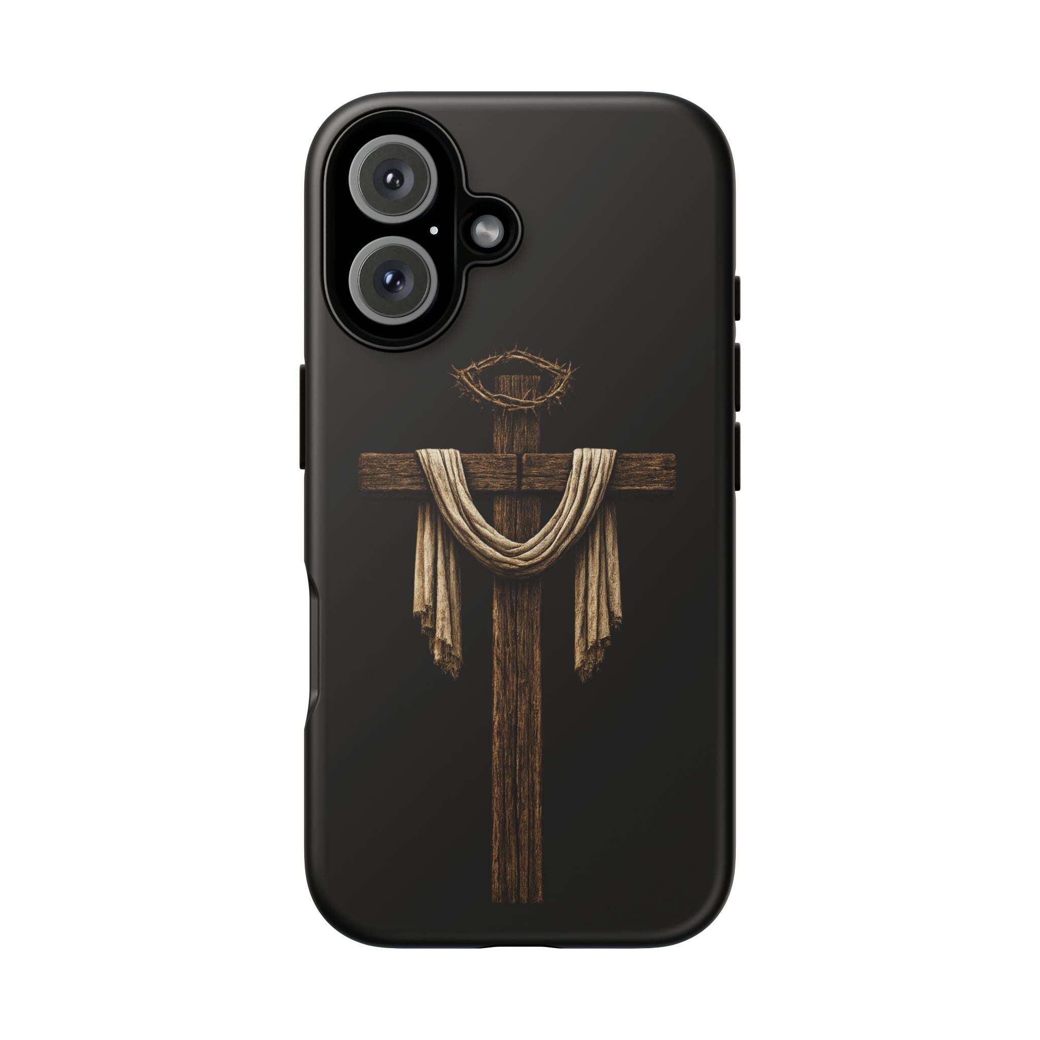Christian Cross Phone Case — Rustic Wood Cross with Draped Cloth & Crown of Thorns