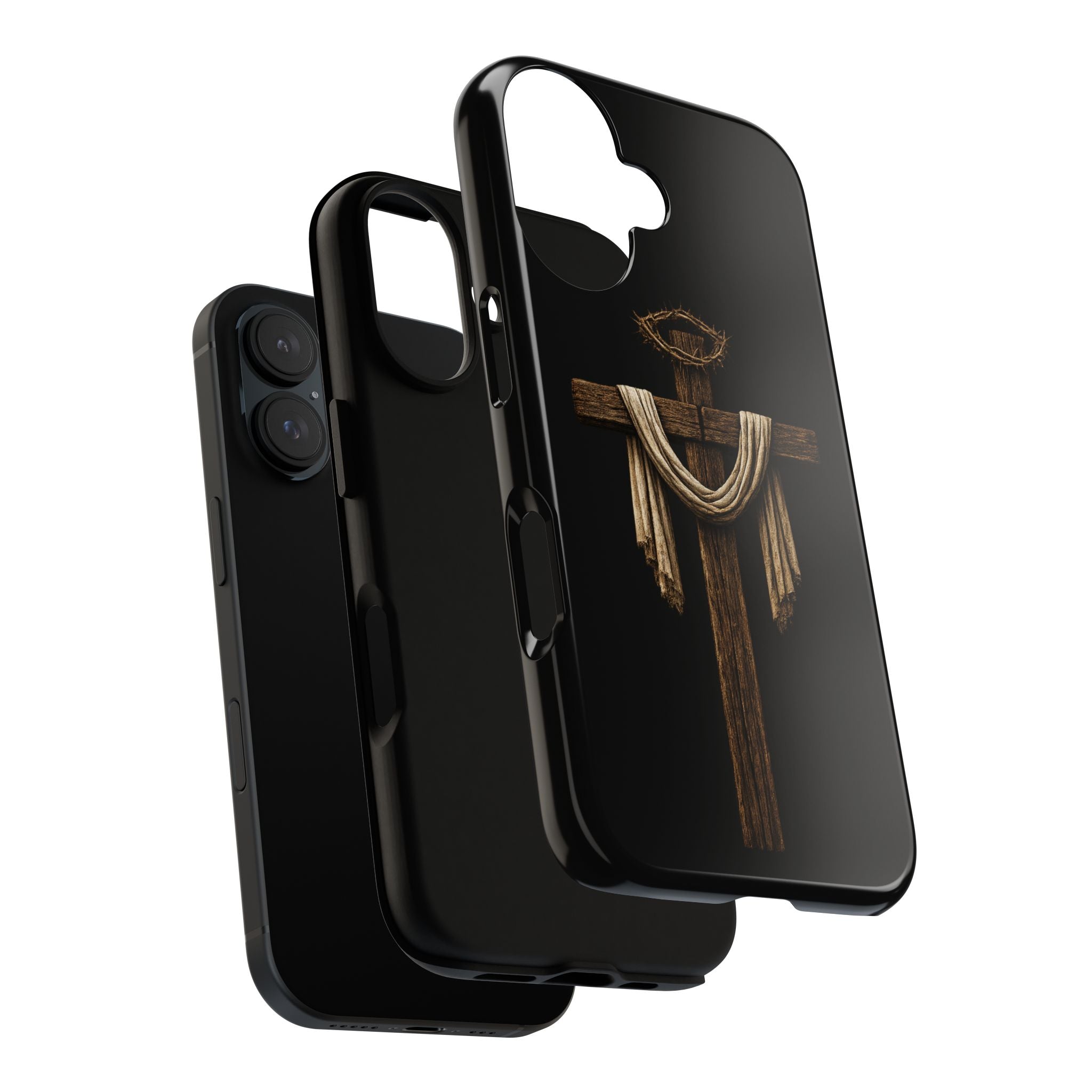 Christian Cross Phone Case — Rustic Wood Cross with Draped Cloth & Crown of Thorns