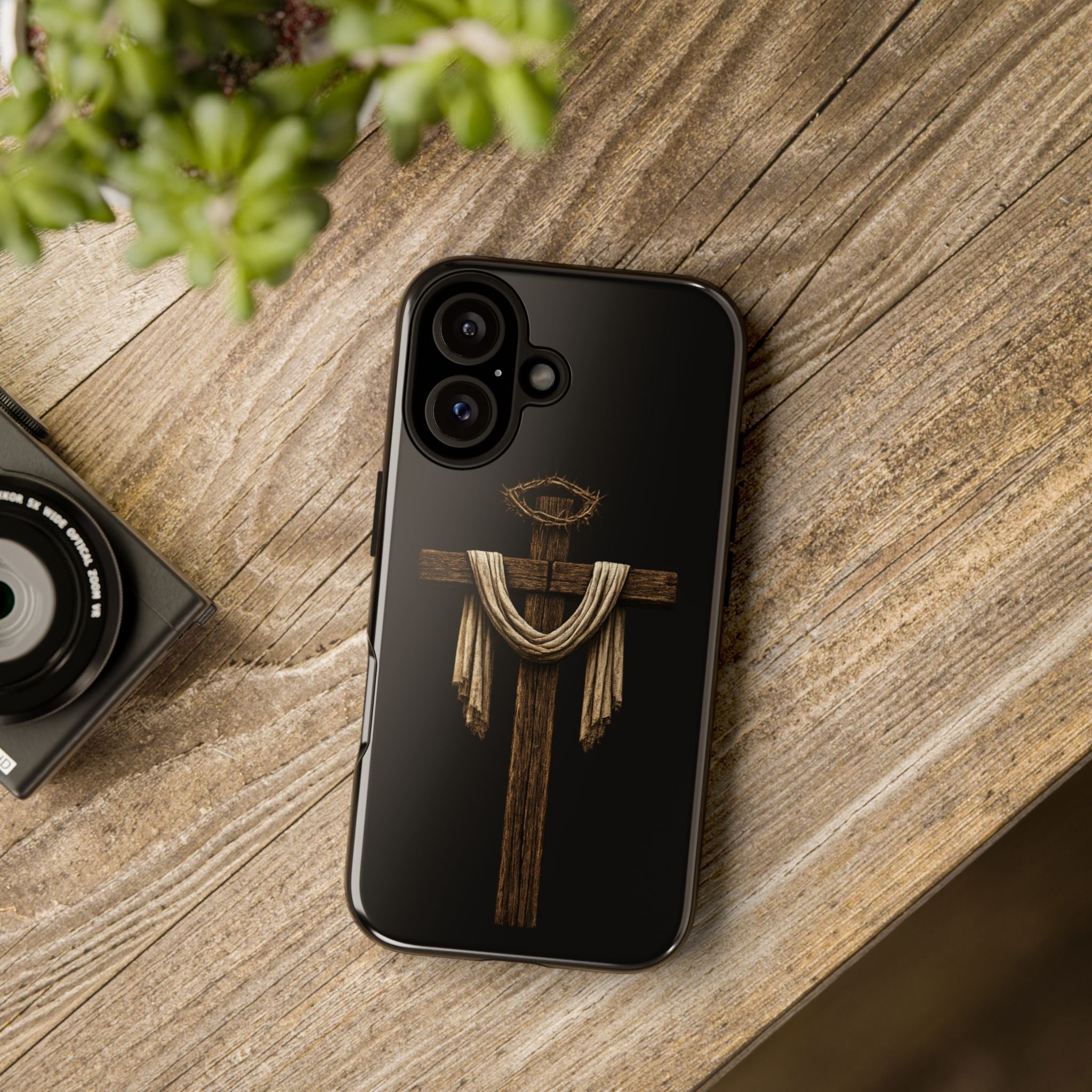 Christian Cross Phone Case — Rustic Wood Cross with Draped Cloth & Crown of Thorns