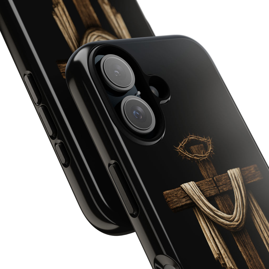 Christian Cross Phone Case — Rustic Wood Cross with Draped Cloth & Crown of Thorns